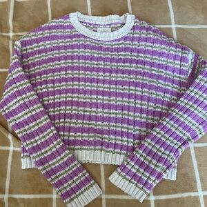 Billabong Purple and White Crew Neck Sweater with Ribbed Stripes